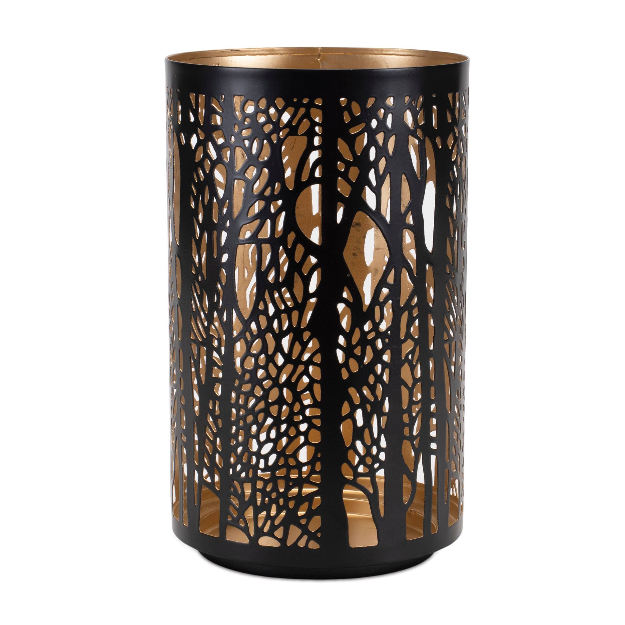 Black & Gold Forest Trees Punched Metal Candle Holder Set